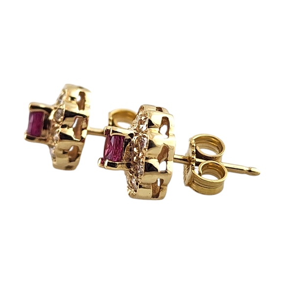 14 Karat Yellow Gold Diamond & Natural Pink Sapphire Halo Stud Earrings #19021 - Picture 3 of 8